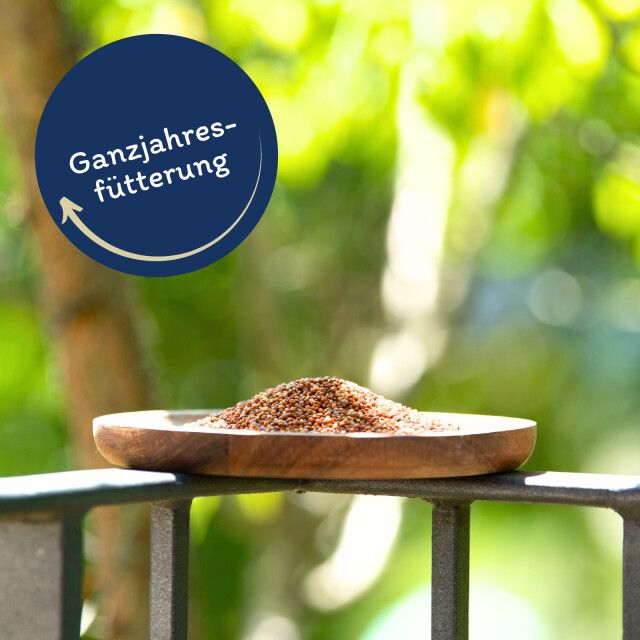 Hirse rot lose auf Holzschale. Text: Ganzjahresfütterung.
