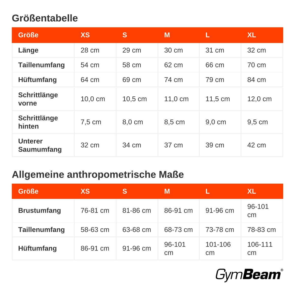 Größentabelle für Damen-Shorts: Größen XS-XL, Maße in cm.