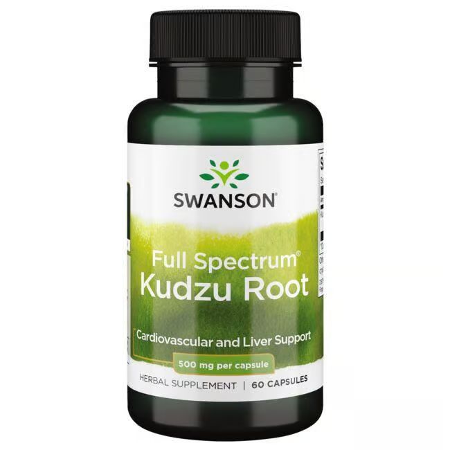 Grüne Flasche mit schwarzem Deckel. Aufschrift: SWANSON, Kudzu Root, 500 mg pro Kapsel. 60 Kapseln.