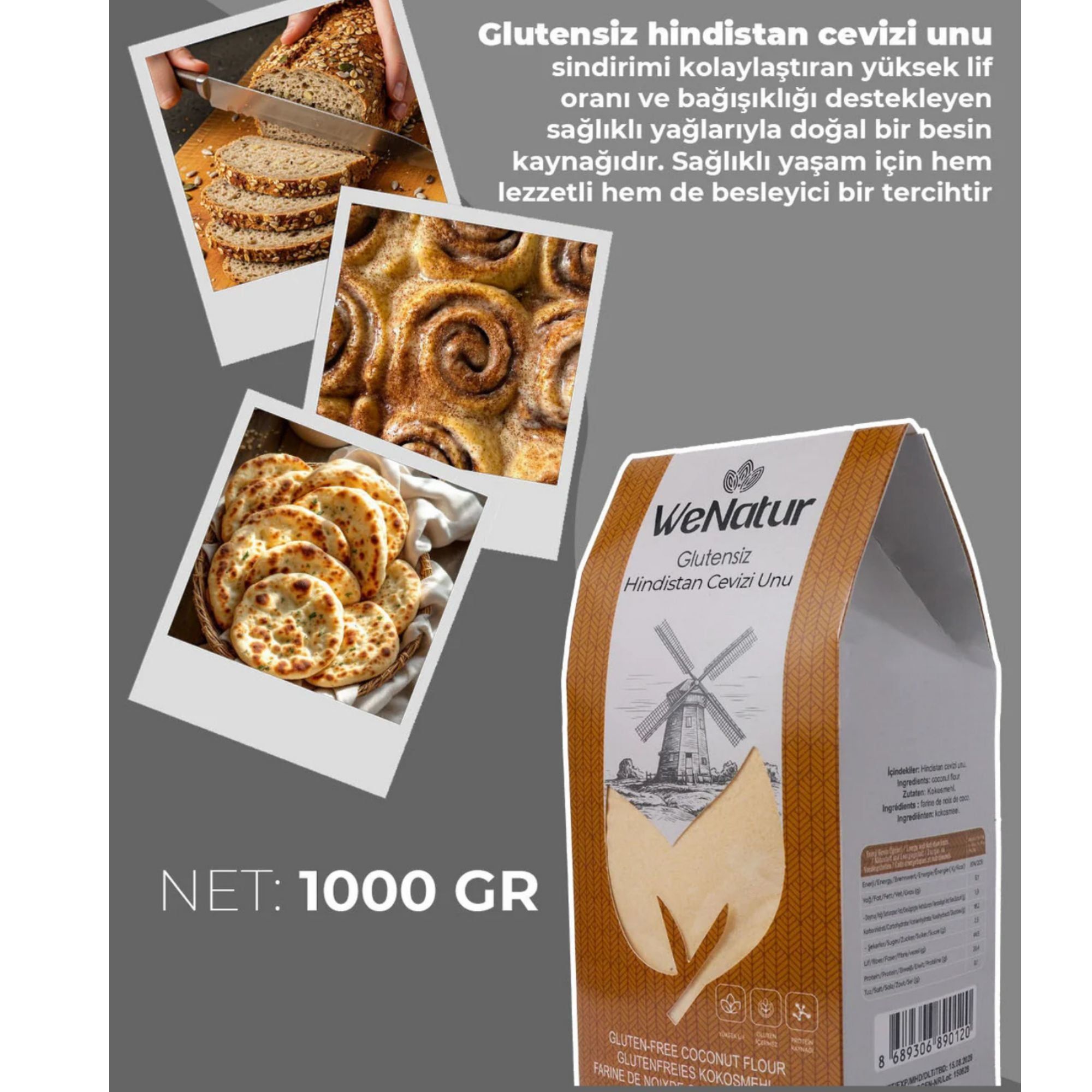 Packung glutenfreies Kokosmehl mit Nettofüllgewicht 1000g und Beispielfotos von Backwaren.