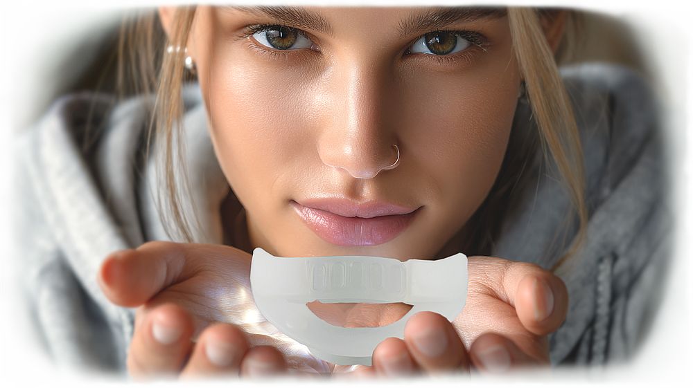 Zahnspange in Händen einer Person. Weißes Material, U-Form. Person mit hellem Teint, Blick in die Kamera.