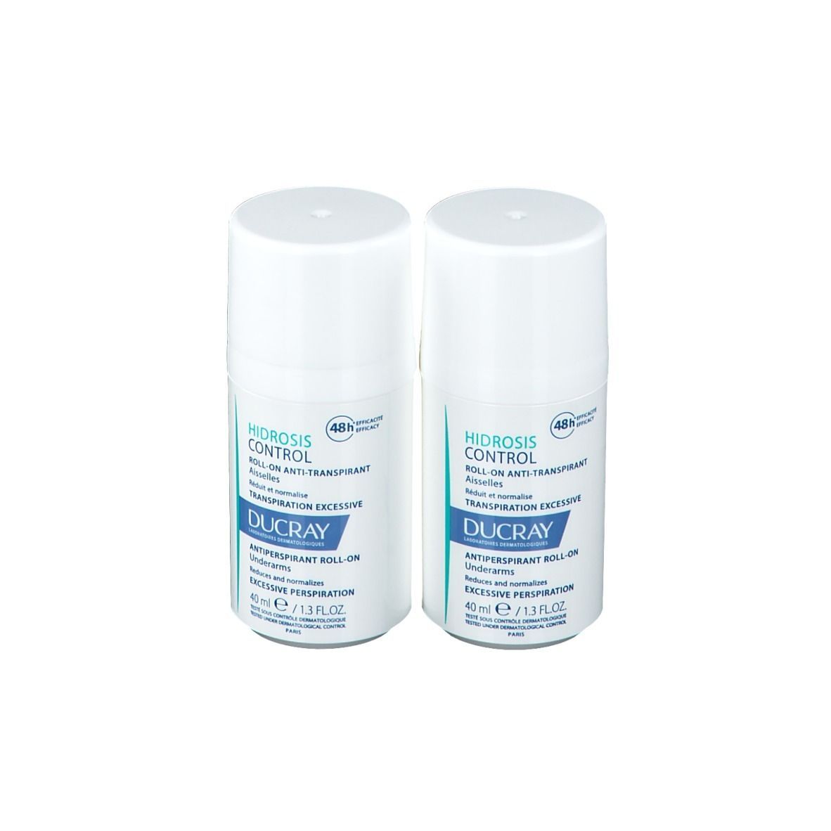 Zwei weiße Roll-on-Flaschen. Aufschrift: HIDROSIS CONTROL, DUCRAY, 40 ml.