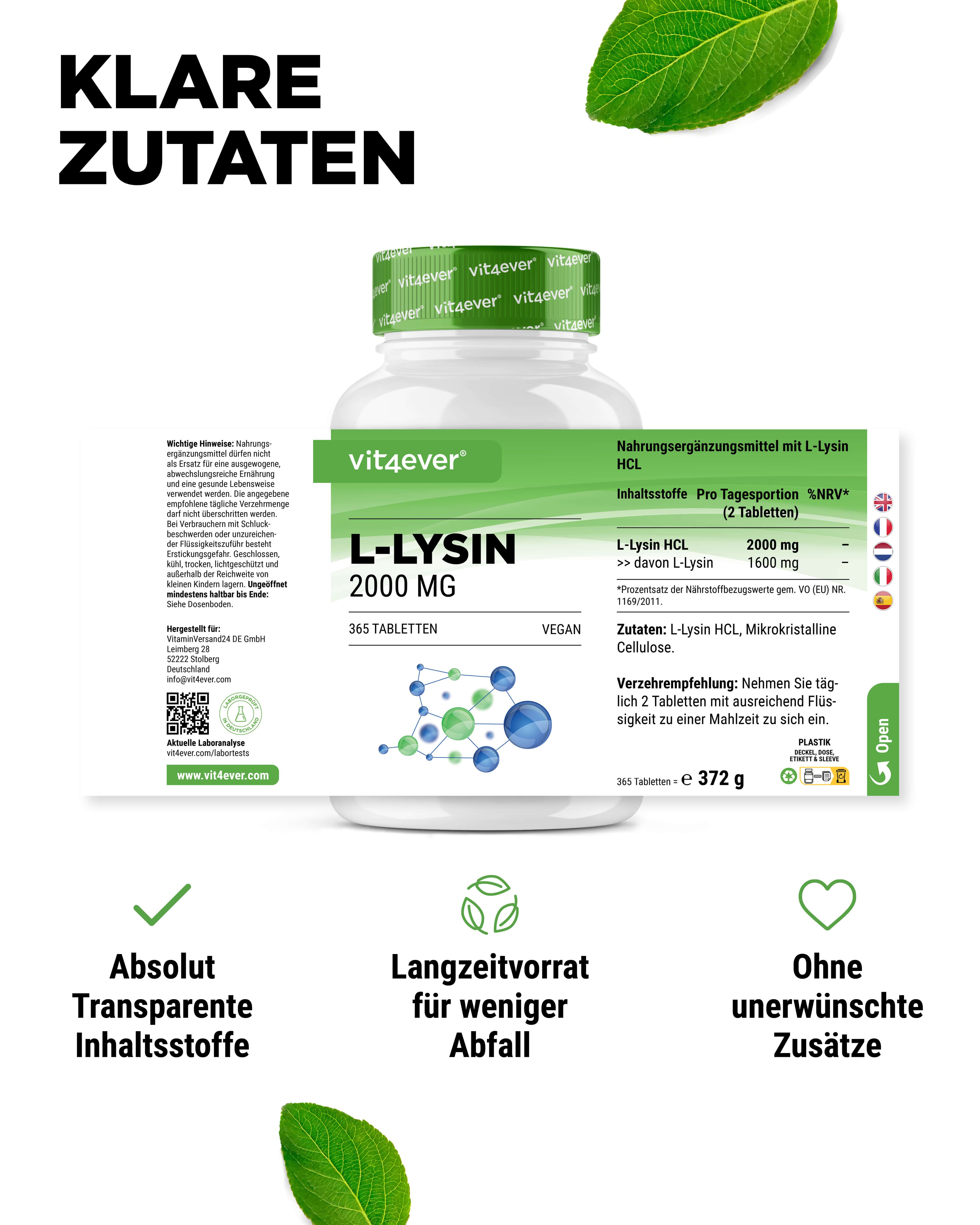 Etikett auf Flasche L-Lysin 2000 MG, 365 Tabletten, Vegan. Text: Inhaltsstoffe, Verzehrempfehlung. Nährwertangaben. Mehrsprachig.