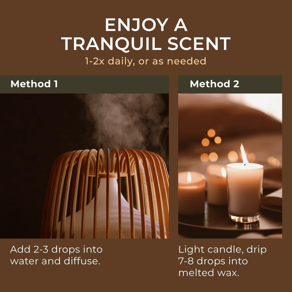 Zwei Methoden zur Verwendung von ätherischem Öl. Methode 1: Diffusor. Methode 2: Kerzen. Text: 1-2x täglich, oder nach Bedarf.