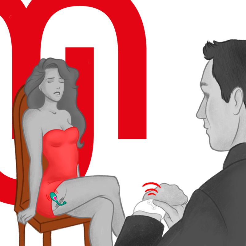 Illustration: Frau sitzt auf Stuhl, Vibrator wird verwendet. Mann mit Uhr am Handgelenk.