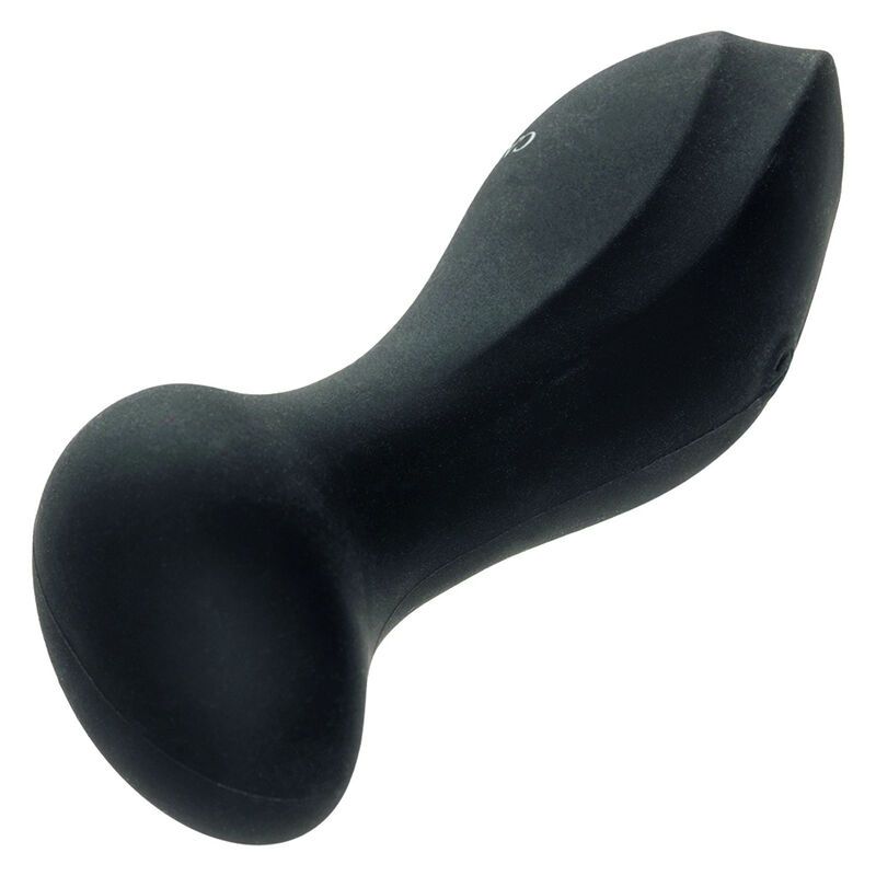 Schwarzes Massagegerät mit abgewinkelter Form. Oberteil abgerundet, Unterteil schmaler. Ein/Aus-Taste sichtbar.
