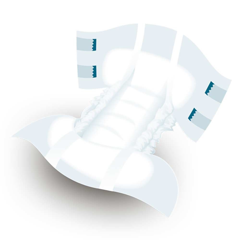 Attends Slip Regular, weiß, mit blauen Verschlüssen. Geformt für den Körper, mit seitlichen Flügeln und absorbierendem Kern. Einzelstück.