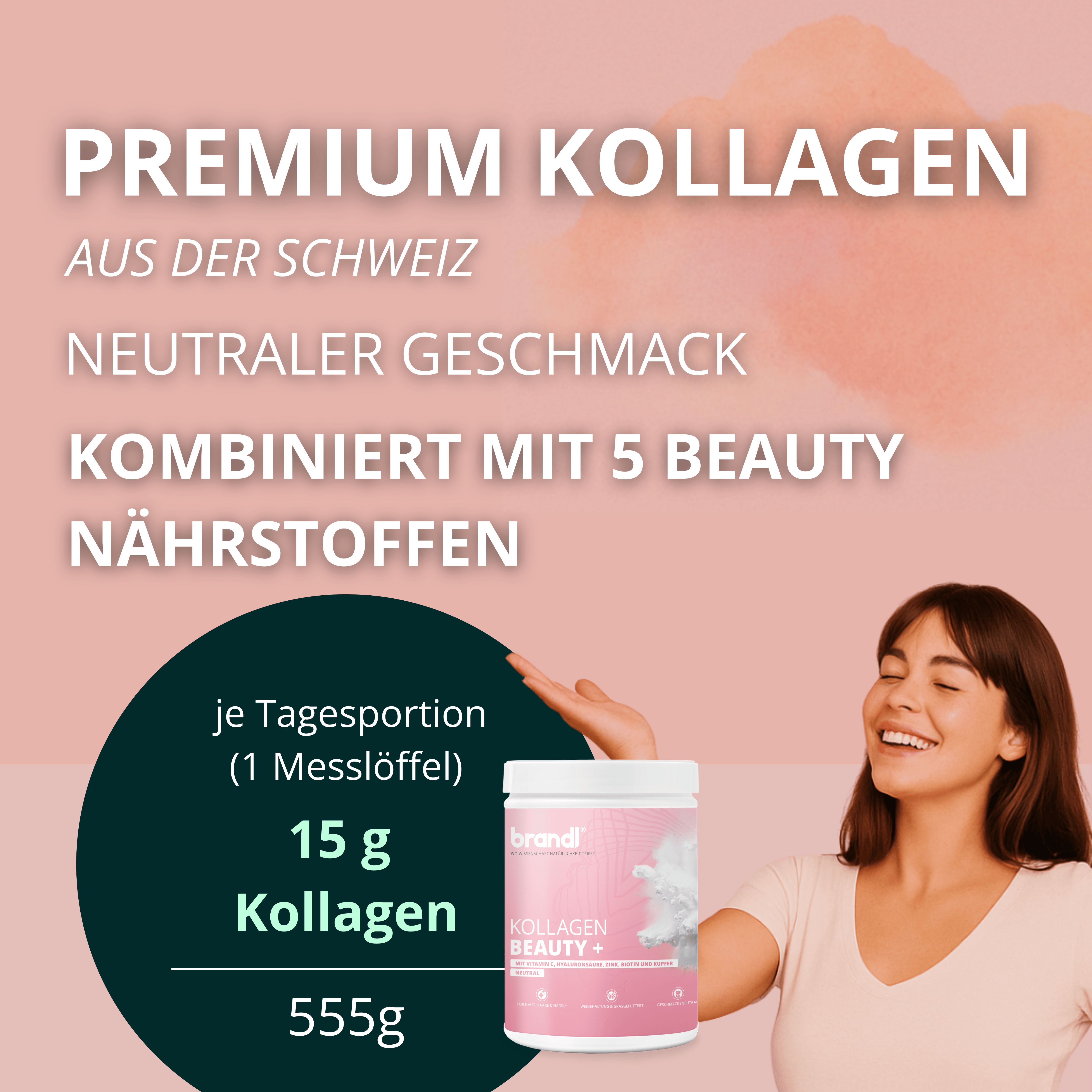 Weißes Produkt-Behälter mit rosa Etikett. Text: brandl, Kollagen Beauty+. Frau hält Behälter. Text: 15 g Kollagen, 555g.