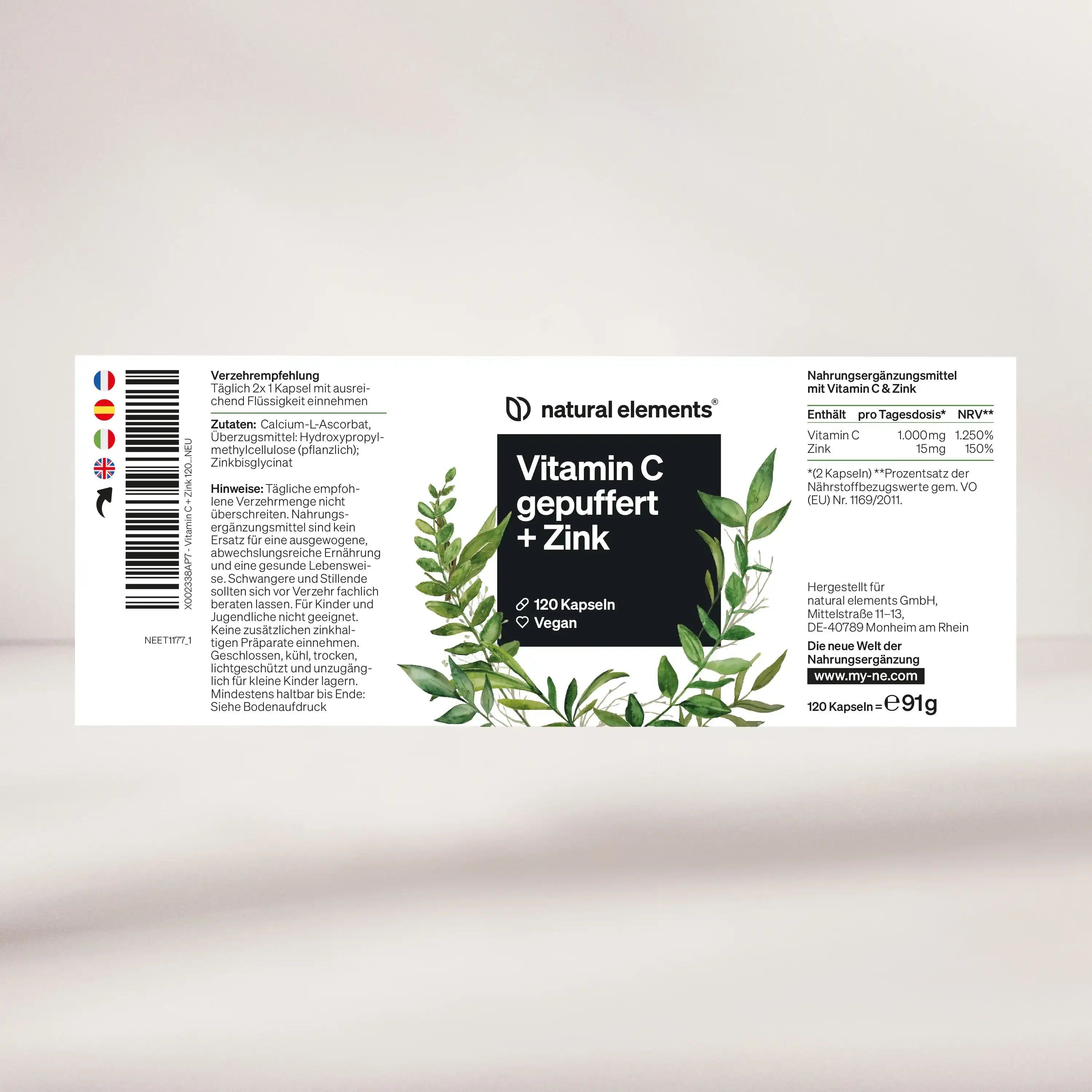 Etikett mit Aufschrift: Vitamin C gepuffert + Zink. 120 Kapseln. Vegan. Informationen zu Inhaltsstoffen und Nährwerten.
