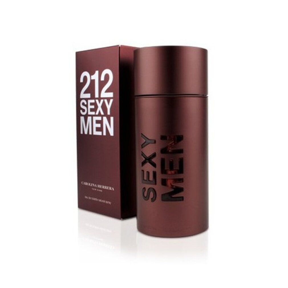 Braune Flasche und Schachtel. Auf der Schachtel steht 212 SEXY MEN. Auf der Flasche steht SEXY MEN. CAROLINA HERRERA ist auf der Schachtel.