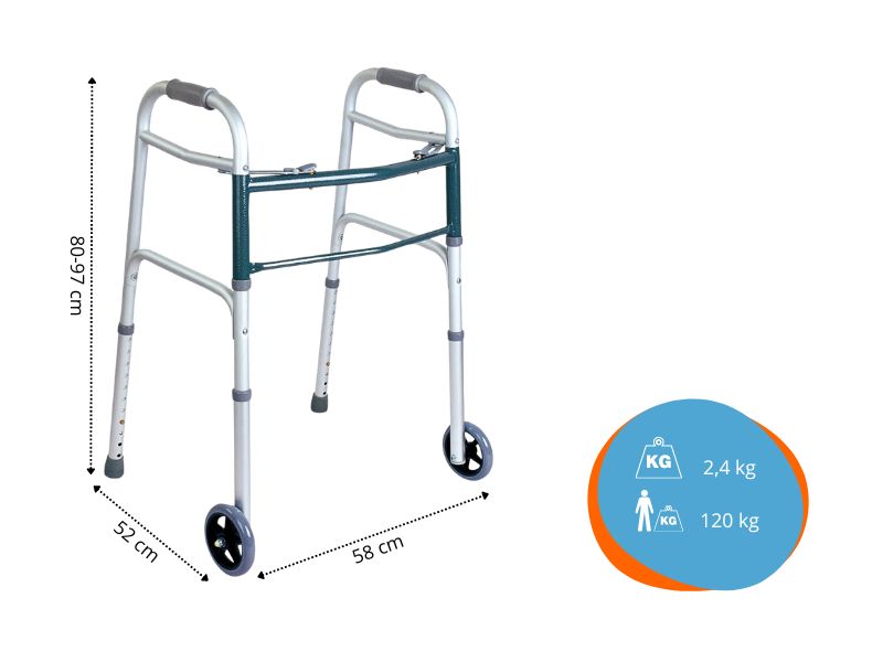 Gehhilfe mit Maßen: 80-97 cm Höhe, 52 cm Breite, 58 cm Tiefe. Gewicht 2,4 kg, max. Belastung 120 kg.