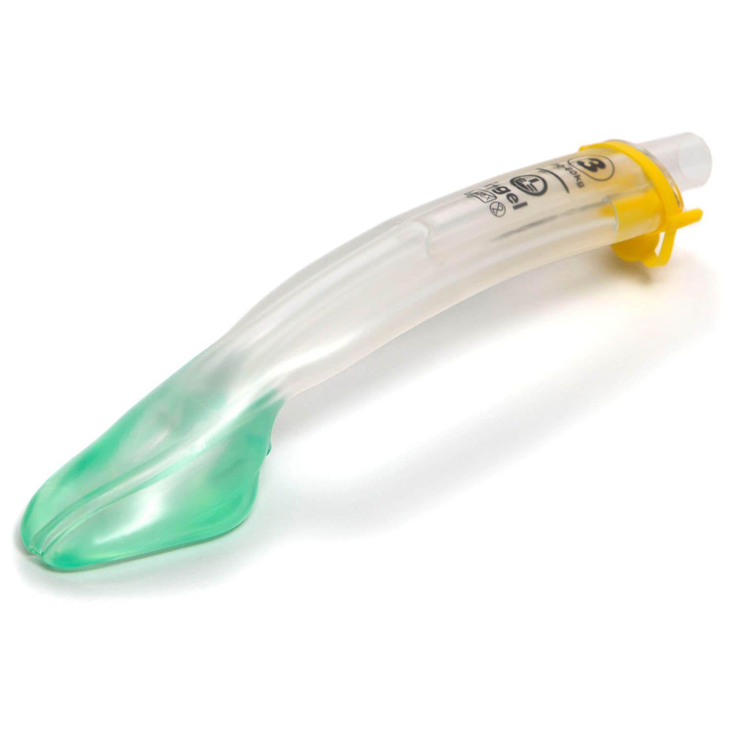 i-gel Plus Larynxmaske, Größe 3, transparent mit grüner Spitze und gelbem Fixierbügel.