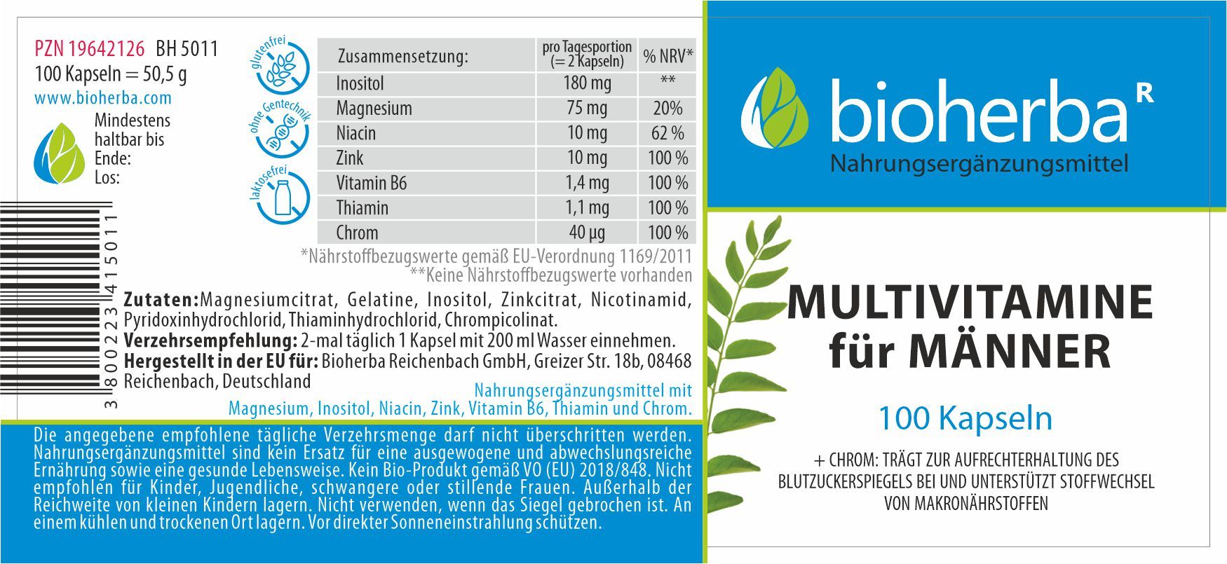 Etikett mit Inhaltsstoffen und Nährwertangaben. "Bioherba"-Logo und Produktname "Multivitamine für Männer". 100 Kapseln.