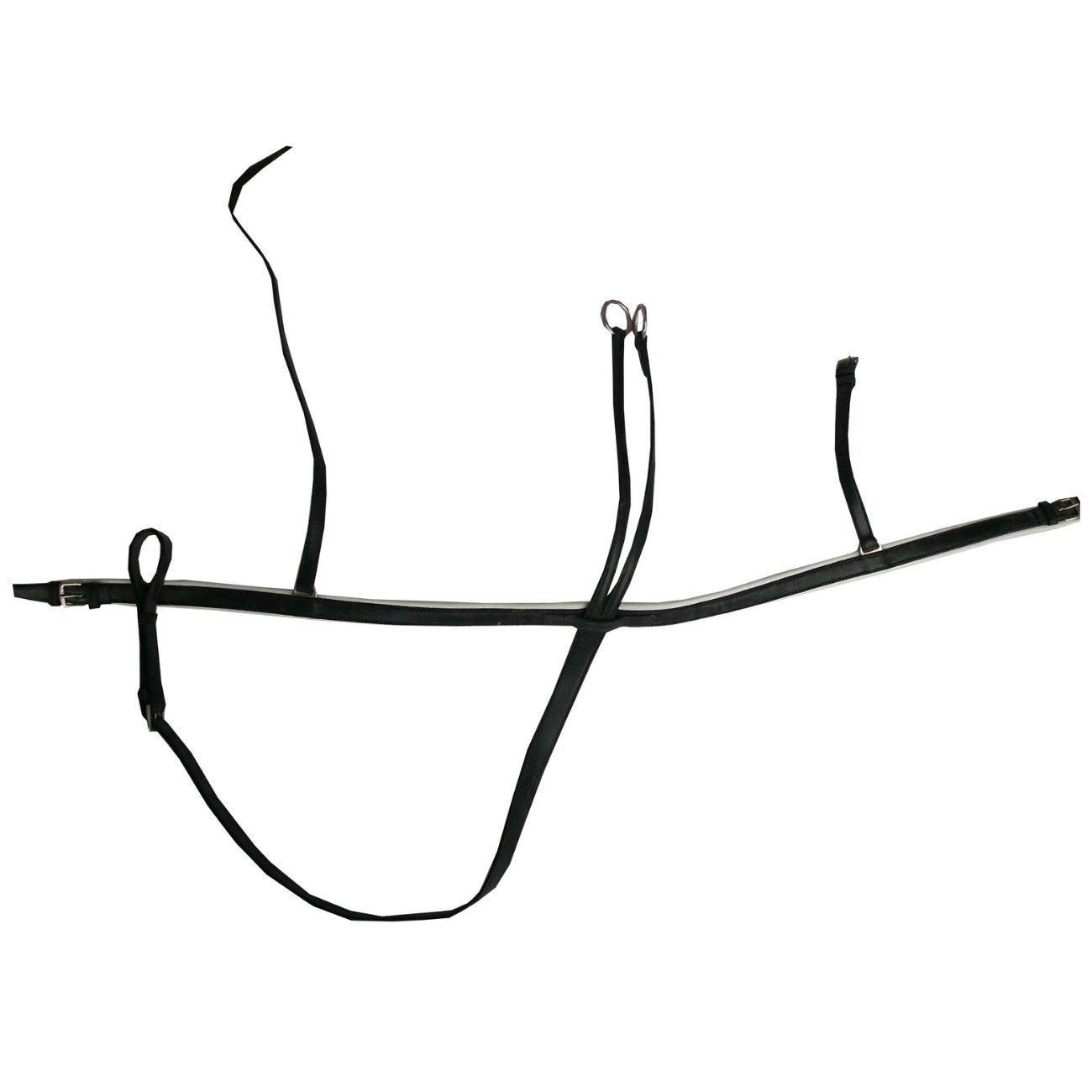 Schwarzes Vorderzeug mit Martingal. Lederriemen mit Metallringen und Schnallen.
