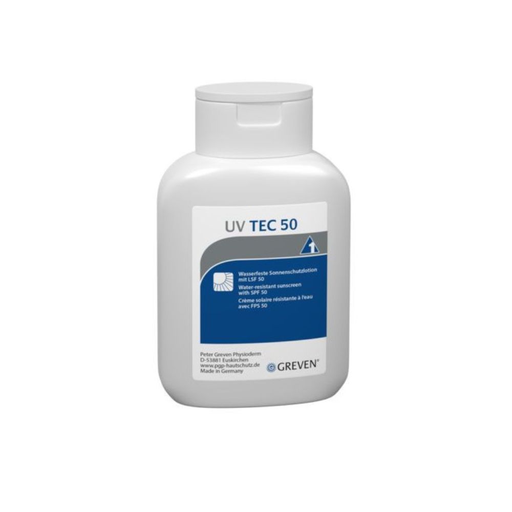 Weiße Flasche UV TEC 50 Sonnenschutzlotion. Blaues Etikett mit Text und GREVEN Logo. Wasserfest mit LSF 50.