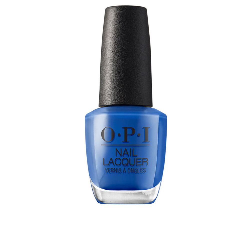 Blauer Nagellackflakon mit schwarzem Deckel. O.P.I. Nail Lacquer Schriftzug.