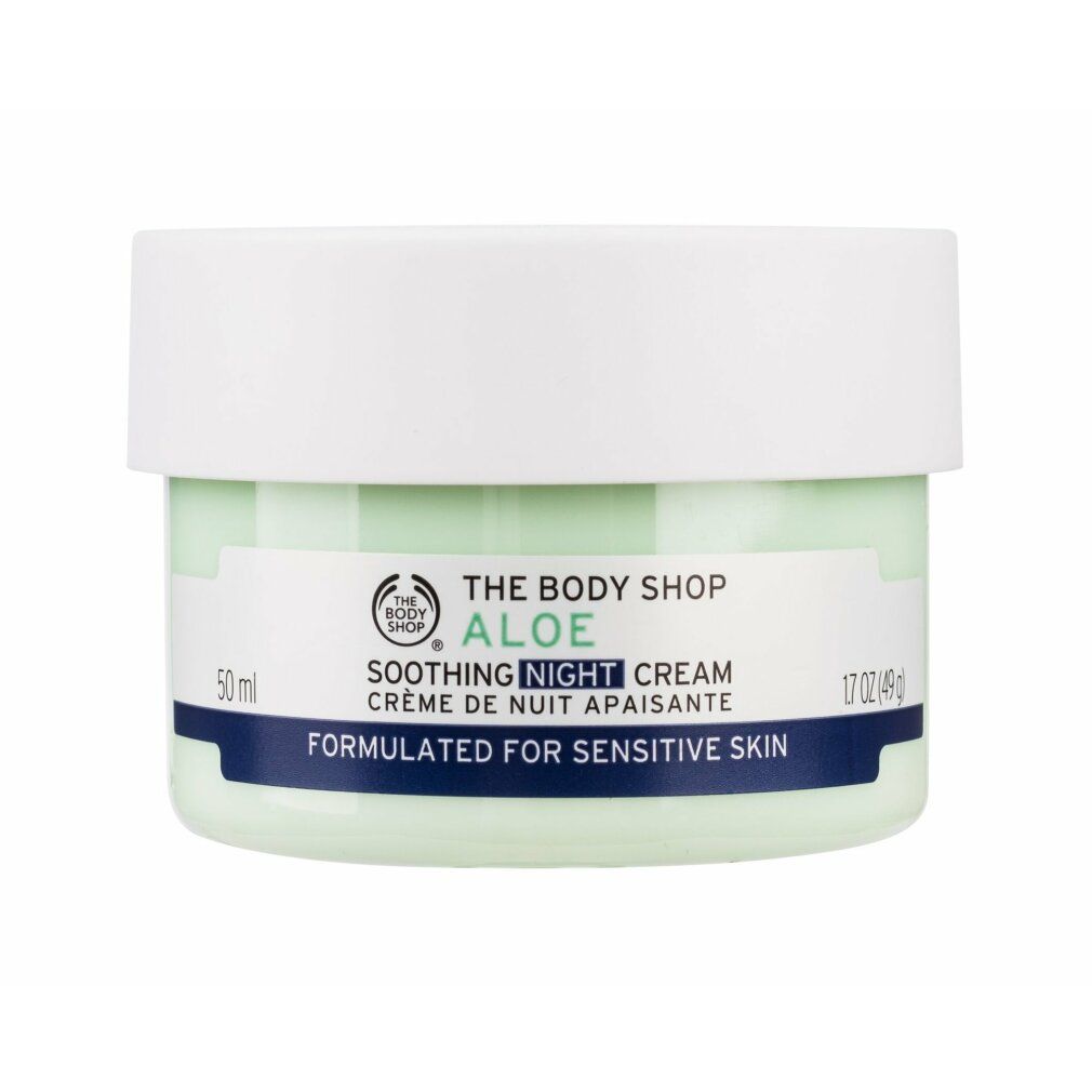 Creme-Tiegel mit weißem Deckel. Aufschrift: Aloe Soothing Night Cream. Für empfindliche Haut.