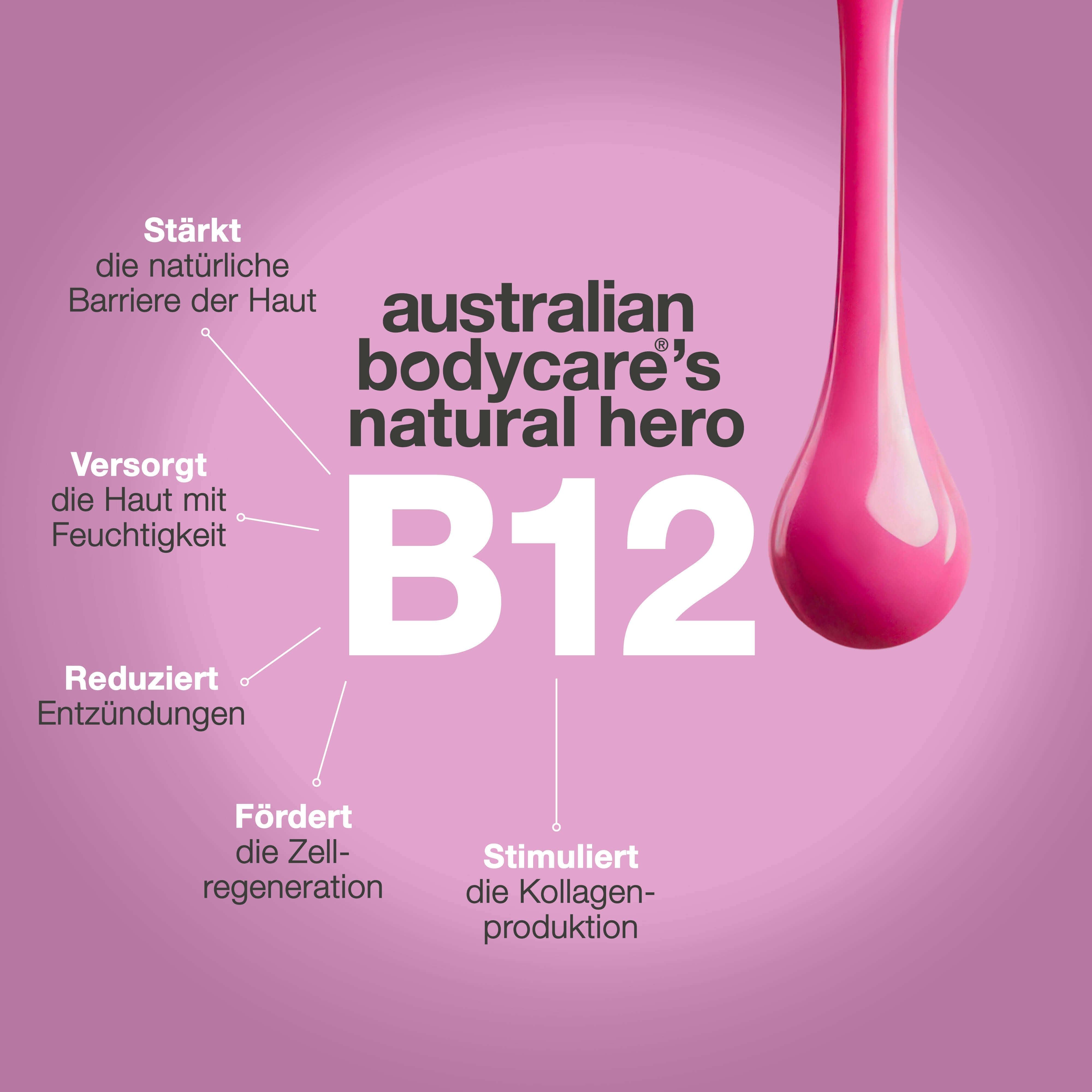 Rosa Tropfen, Text: Australian Bodycare's natural hero B12, stärkt die natürliche Barriere der Haut.