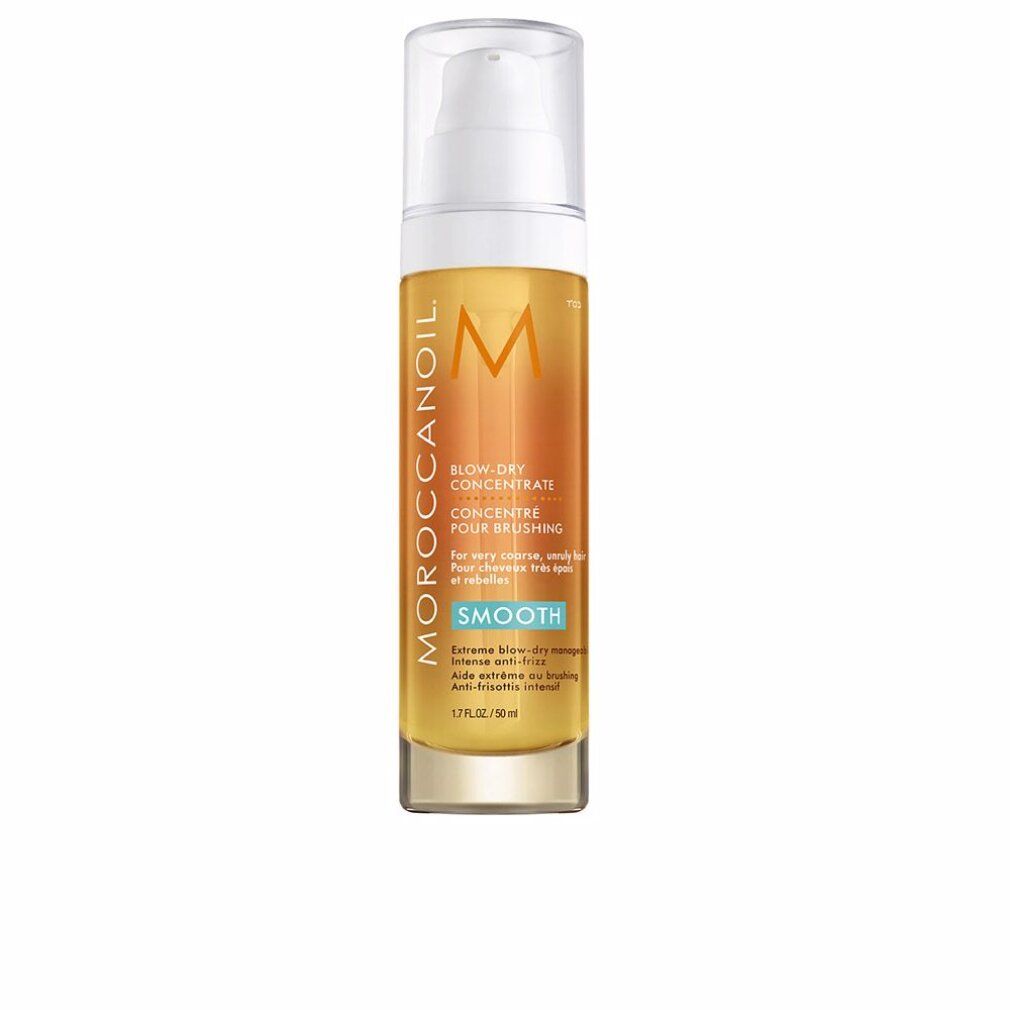 Flasche mit gelber Flüssigkeit und Sprühkopf. Aufschrift: Moroccanoil, Blow-Dry Concentrate, Smooth. 1.7 FL.OZ./50 ml.