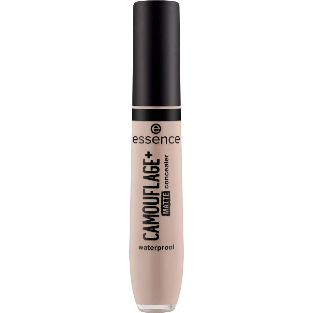 Essence Camouflage Matt Concealer, beige Tube mit schwarzem Deckel. Aufschrift: CAMOUFLAGE+ MATTE concealer waterproof.