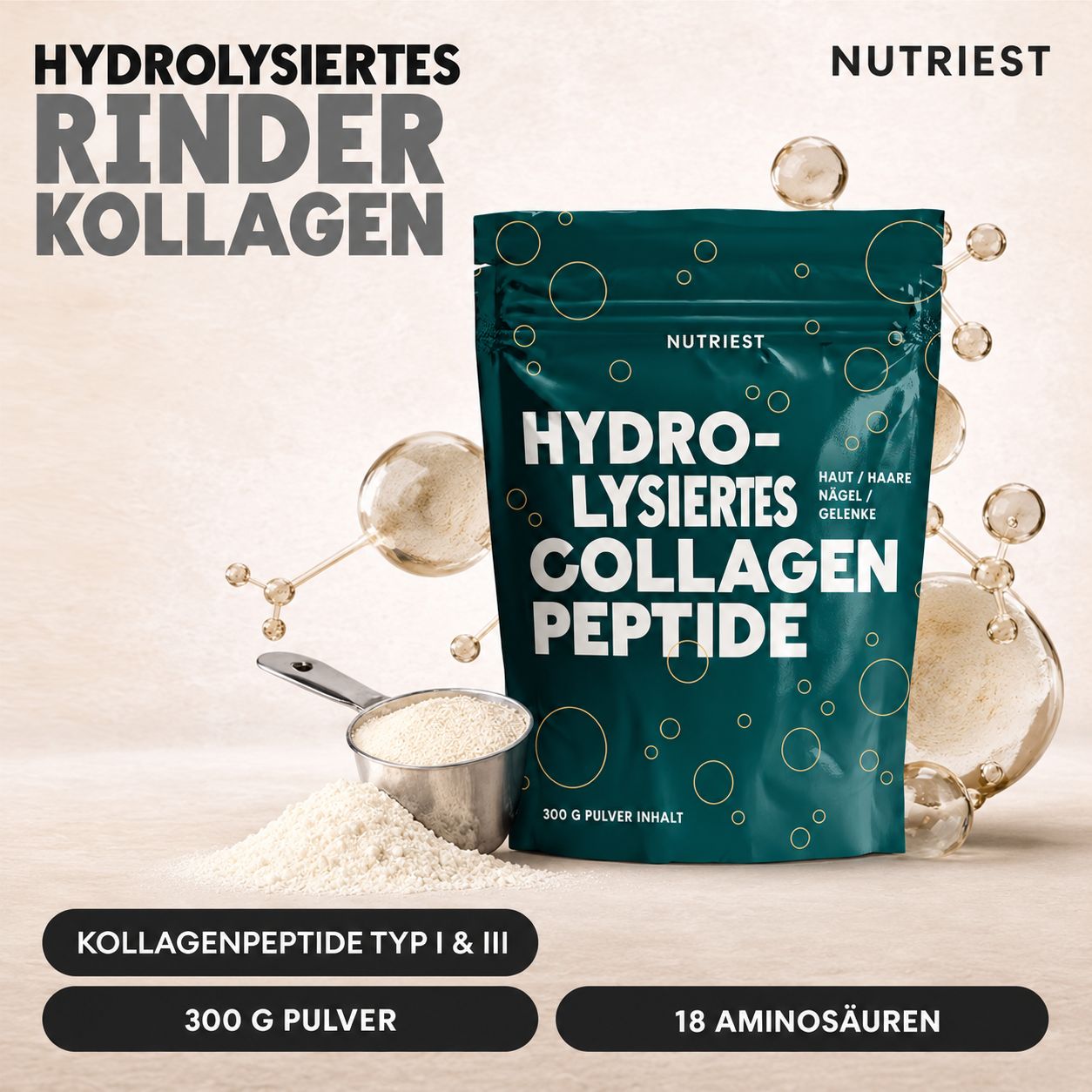 Nutriest Hydrolysiertes Rinderkollagen Pulver. 300g. Kollagenpeptide Typ I & III. 18 Aminosäuren.