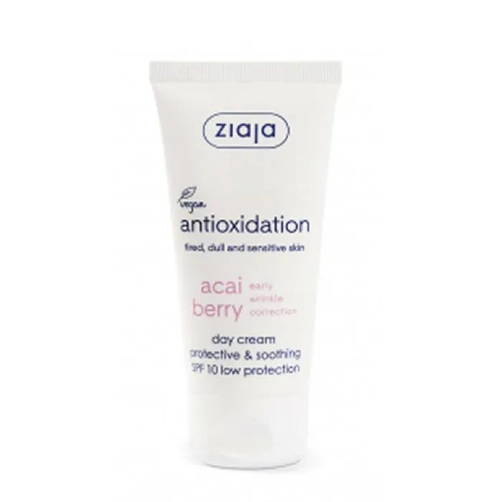 Weiße Tube mit Ziaja-Logo und Text: antioxidative Tagescreme mit Acai-Beere, SPF 10. Für müde, fahle und empfindliche Haut.
