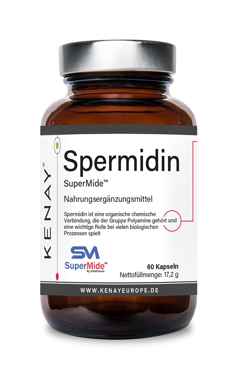 Braune Glasflasche mit weißem Etikett. Aufschrift: Spermidin SuperMide, Nahrungsergänzungsmittel. Marke: KENAY. 60 Kapseln.
