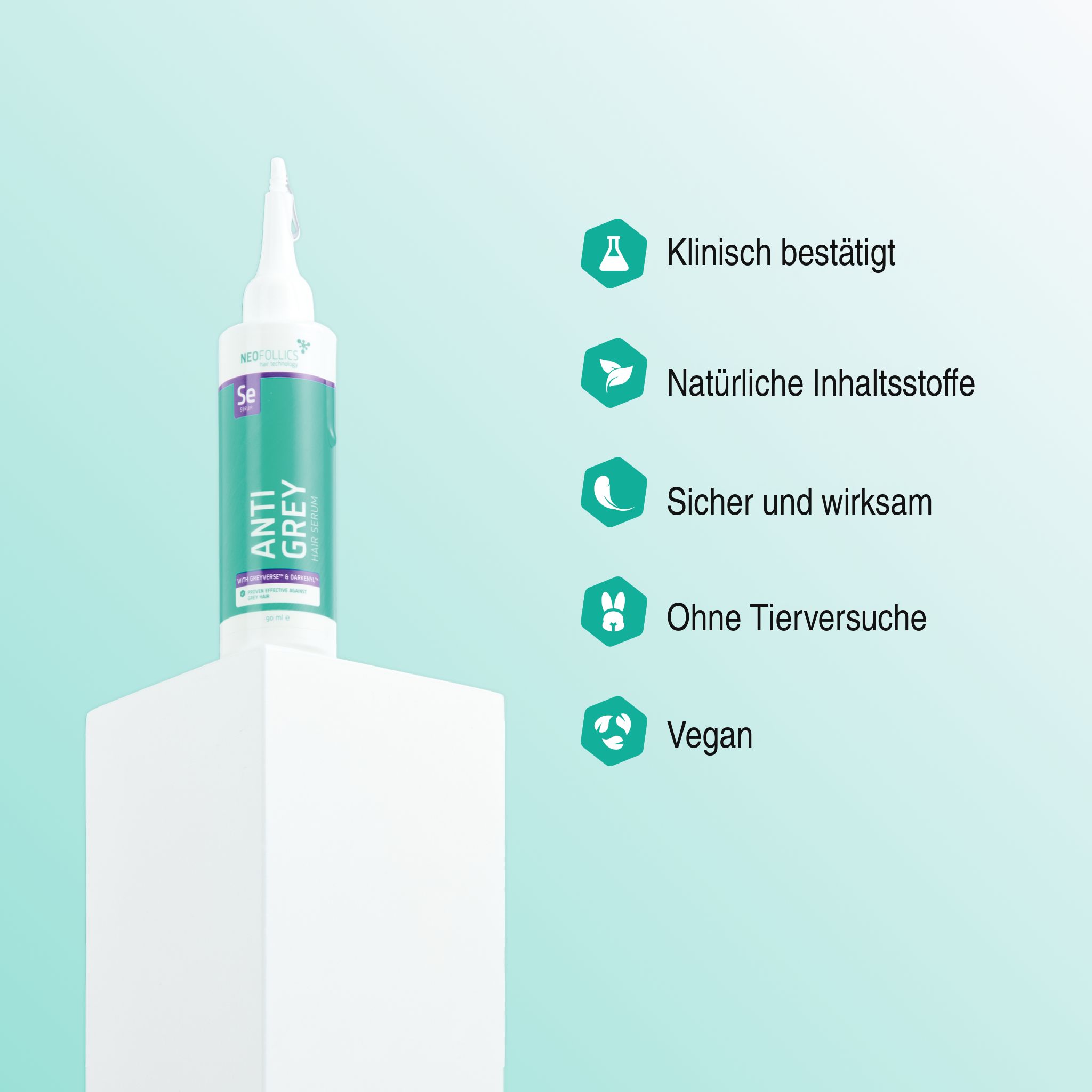 Neofollics Anti-Grauhaar-Serum Flasche mit Icons für klinisch bestätigt, vegan.