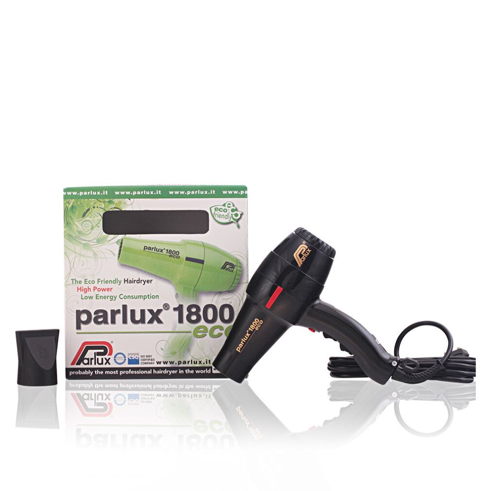 Schwarzer Haartrockner mit Zubehör und Verpackung. Aufschrift: Parlux 1800 eco. Grüne Verpackung mit Produktabbildung.