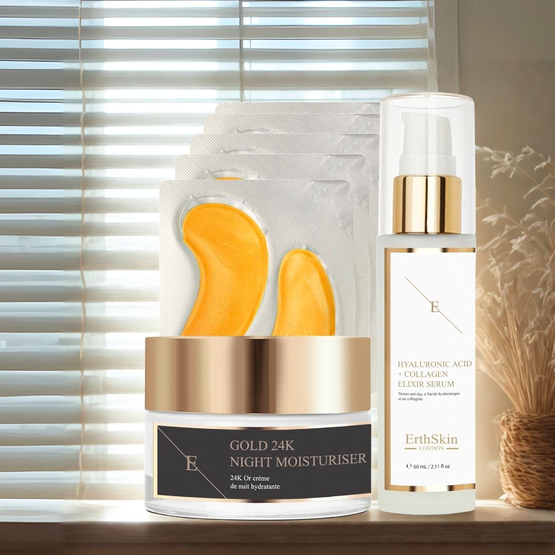 Set mit Nachtcreme, Augenpads und Serum. Produkte auf einer Fensterbank. Creme- und Serumflasche mit goldenen Akzenten.