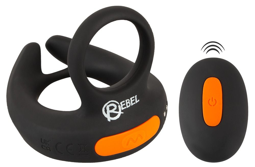 Schwarzer Hodenvibrator mit orangefarbenem Knopf und Fernbedienung, die Signale aussendet.