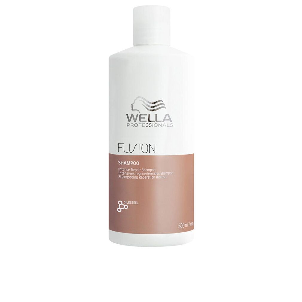 Weiße Shampoo-Flasche mit braunem Mittelteil. Aufschrift: WELLA PROFESSIONALS, FUSION, Shampoo, Intense Repair Shampoo. 500 ml.