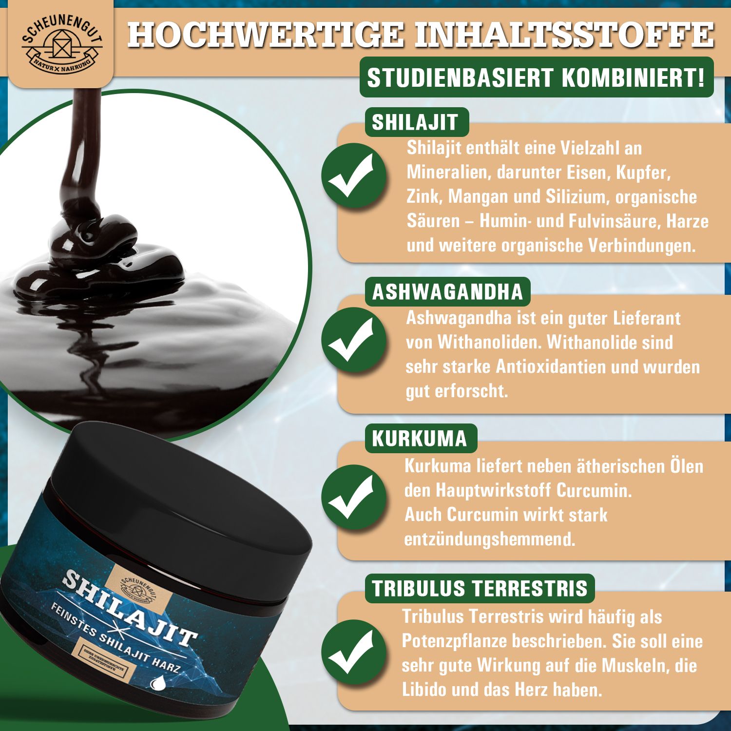 Scheunengut Shilajit Harz mit Ashwagandha, Kurkuma und Tribulus Terrestris. Hochwertige Inhaltsstoffe.