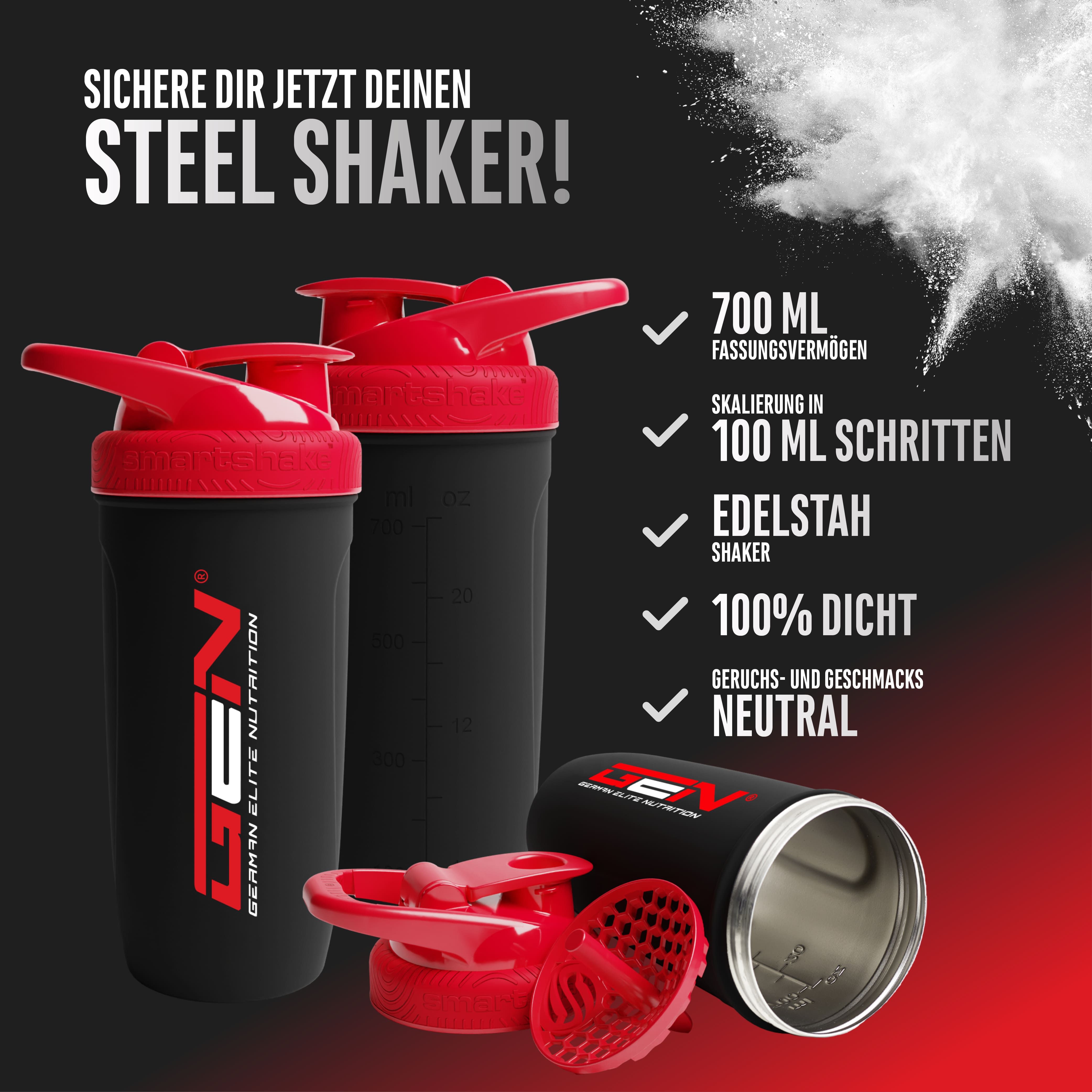 Zwei Shaker mit rotem Deckel, zerlegt. GEN-Logo. Text: 700 ml Fassungsvermögen, Edelstahl Shaker, 100% dicht.