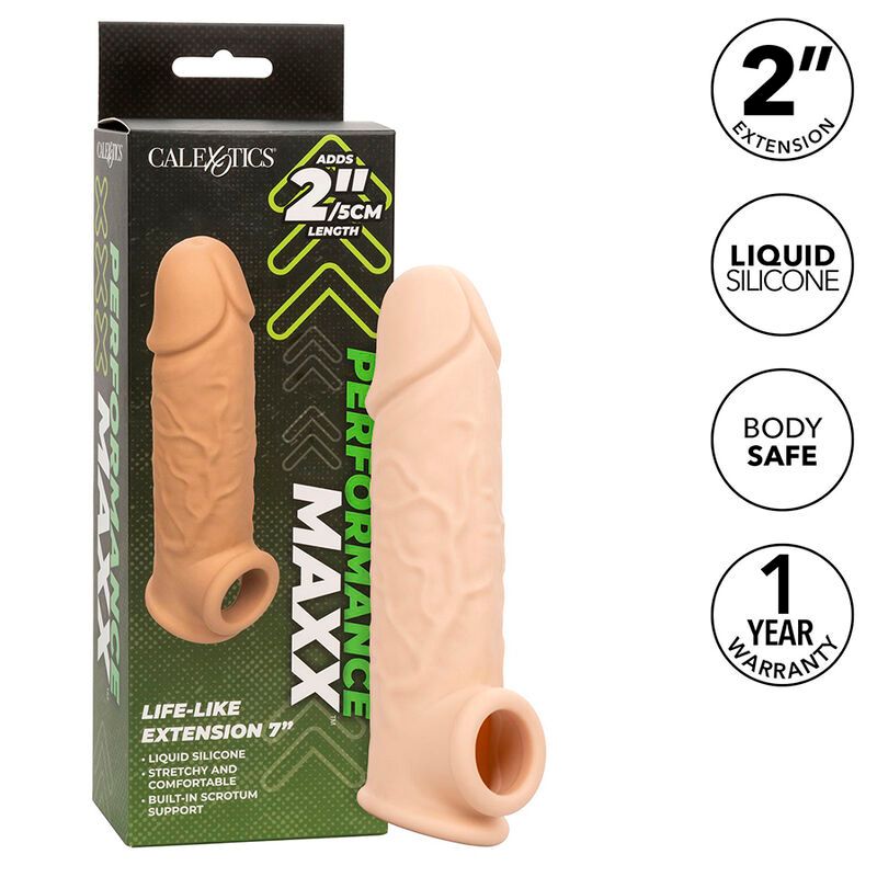 Penisverlängerung aus Silikon. Verpackung mit Produktname, Marke Calexotics und Eigenschaften. 2" Verlängerung, 7" Länge.