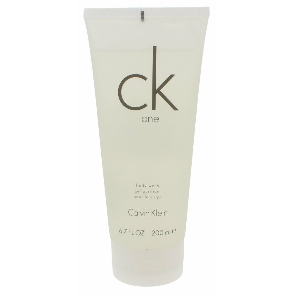 Weißliche Tube mit Aufschrift "ck one" und "Calvin Klein". Enthält "body wash". Volumen: 200 ml.