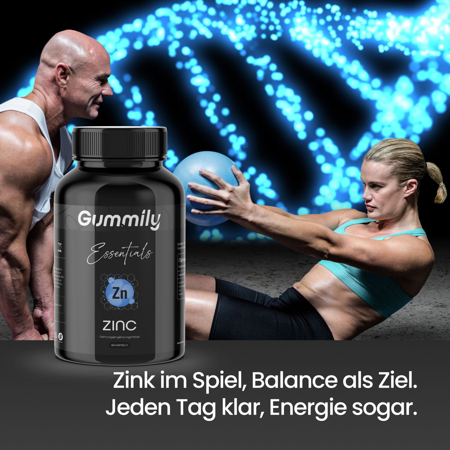 Gummily Essentials Zink-Kapseln neben Sportlern. Text: Zink im Spiel, Balance als Ziel.