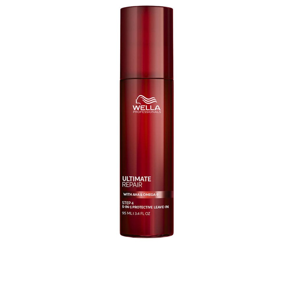 Rote Flasche mit Wella-Logo und Schriftzug Ultimate Repair. 95 ml. Schutzspray Leave-In.