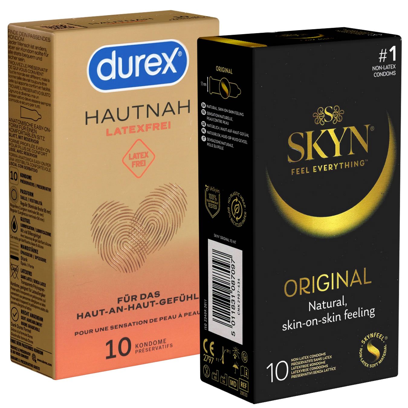 Zwei Kondom-Verpackungen. Links: Durex HAUTNAH, Latex-frei. Rechts: SKYN ORIGINAL, #1 Non-Latex Kondome. Beide Packungen enthalten 10 Kondome.