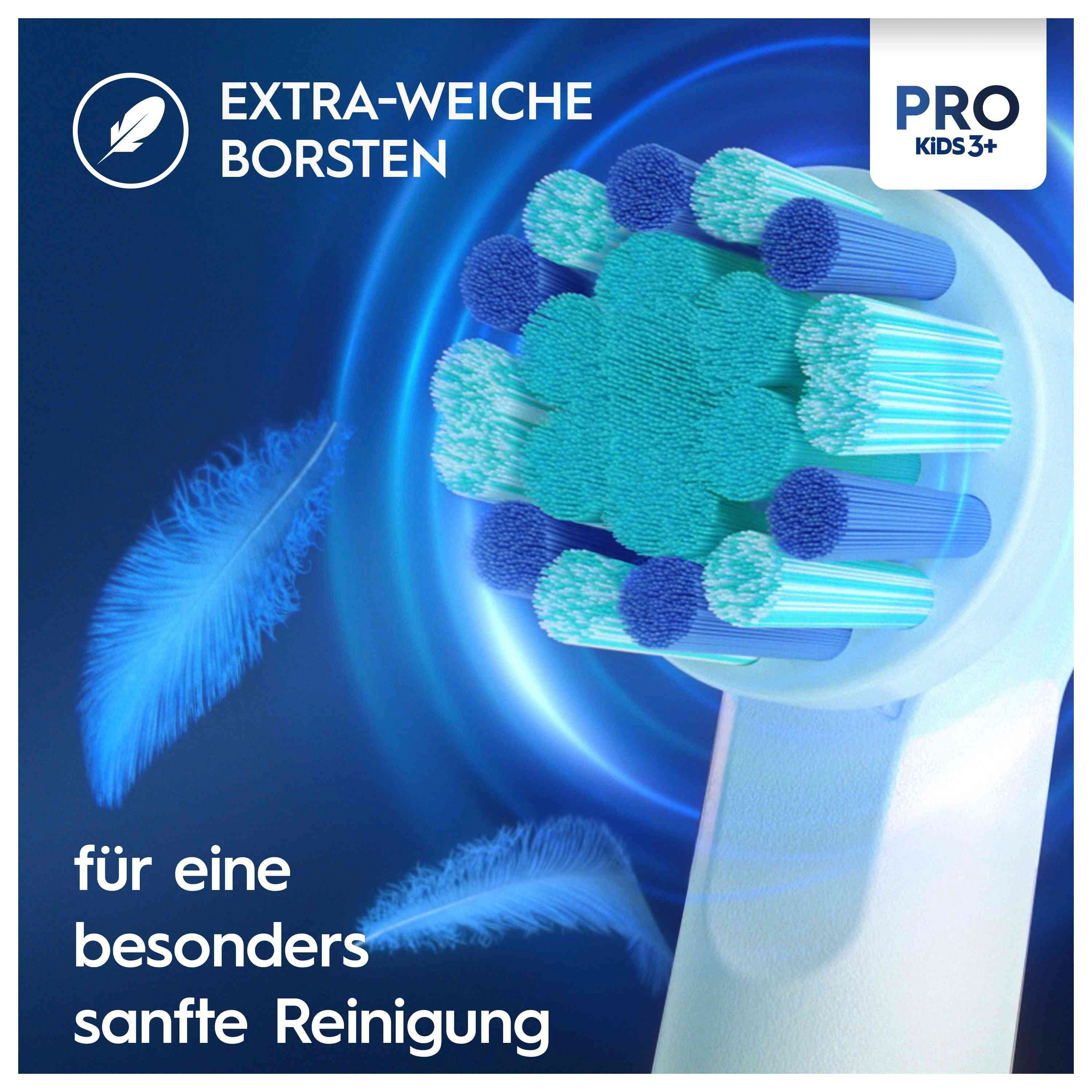 Nahaufnahme eines Bürstenkopfes mit extra-weichen Borsten. Text: Extra-weiche Borsten für eine besonders sanfte Reinigung. Pro Kids 3+.