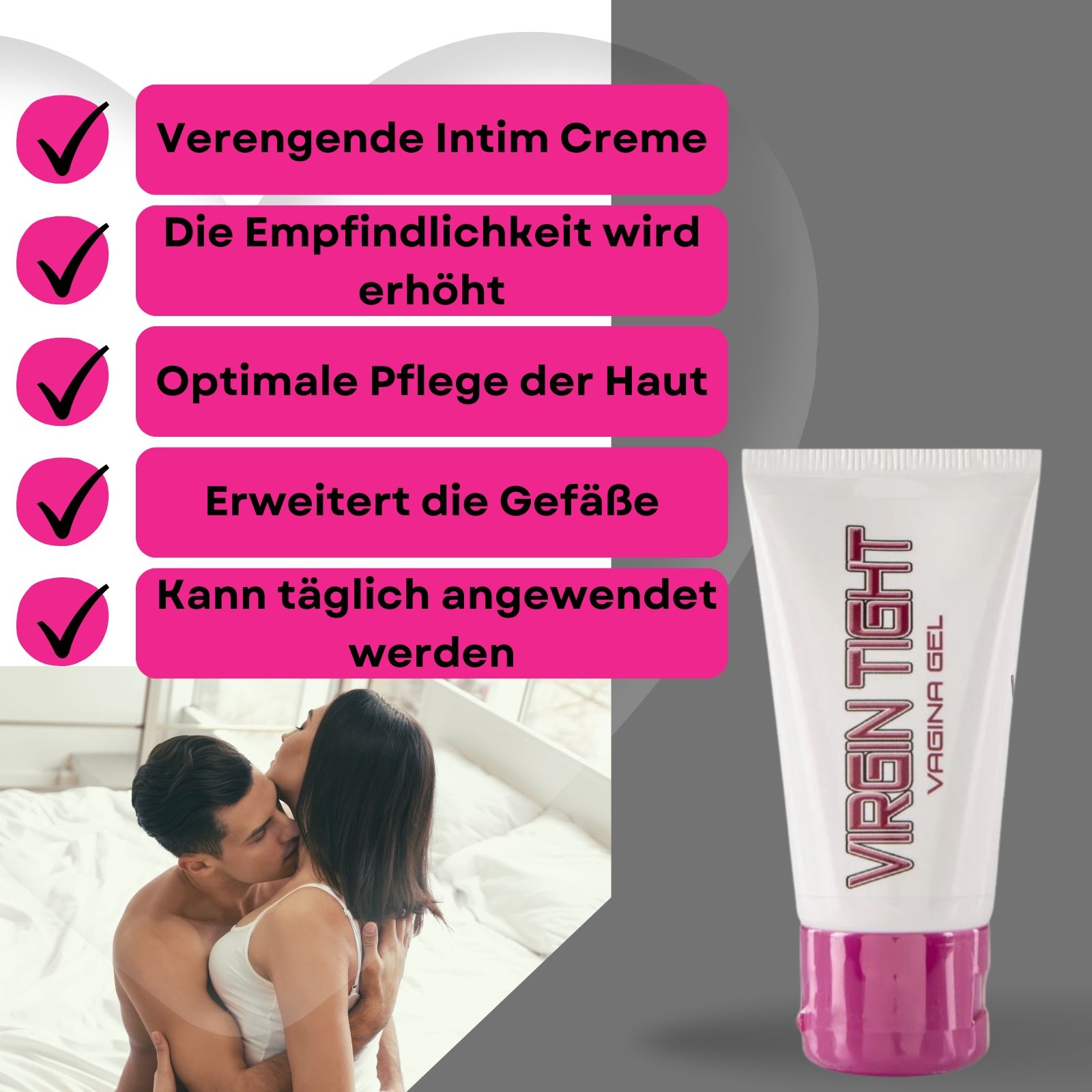 Weiß-pinke Tube VIRGIN TIGHT VAGINA GEL. Text auf pinkem Hintergrund. Paar im Hintergrund.