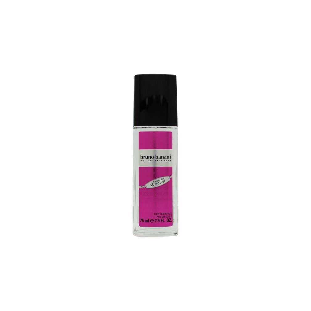 Deo-Glasflasche mit schwarzem Deckel und pinkfarbenem Etikett. Aufschrift: bruno banani Made For Women.