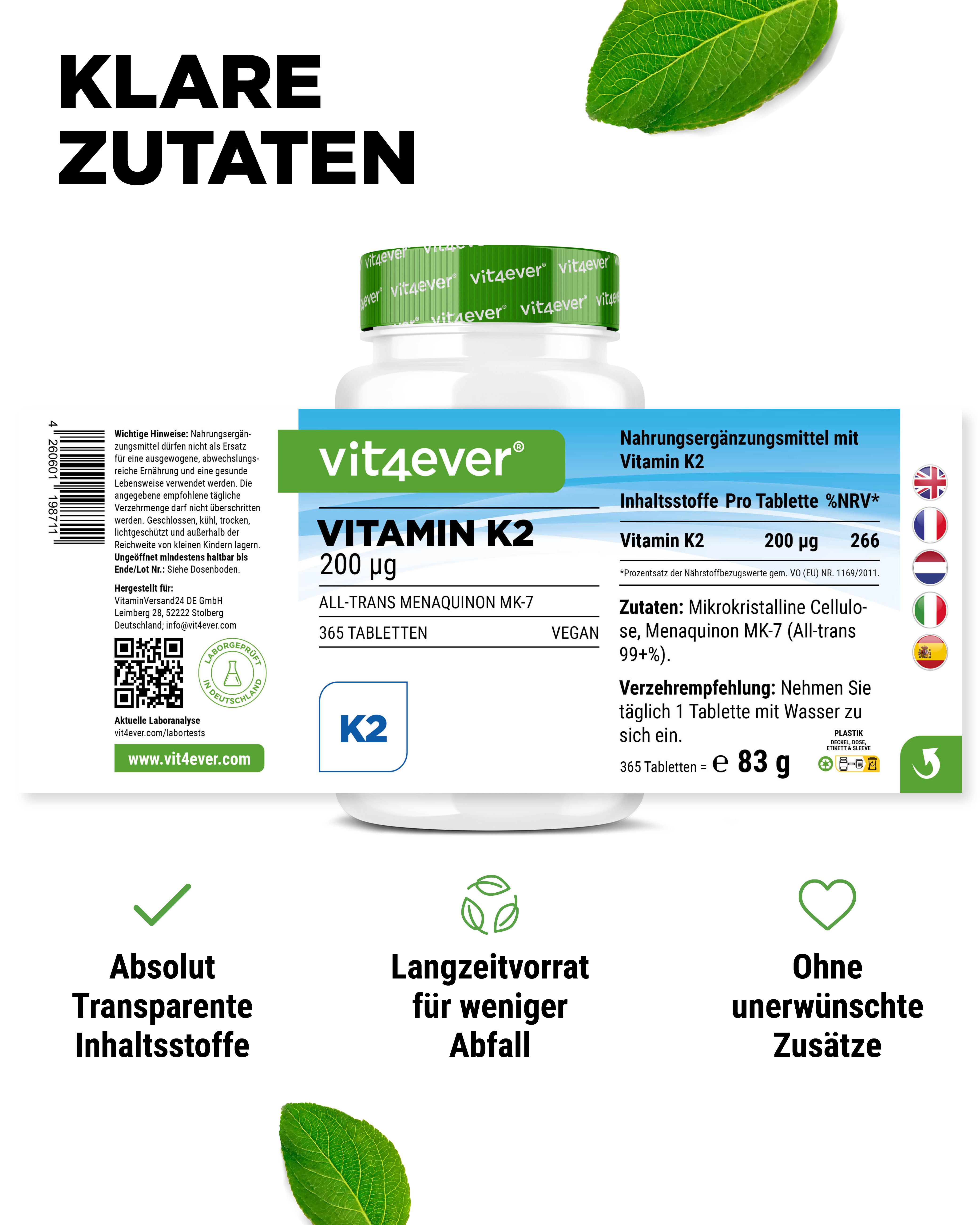 Tablettenflasche mit Etikett. Aufschrift: Vitamin K2, 200 µg, 365 Tabletten. Vegan. Etikett mit Inhaltsstoffen und Nährwertangaben.