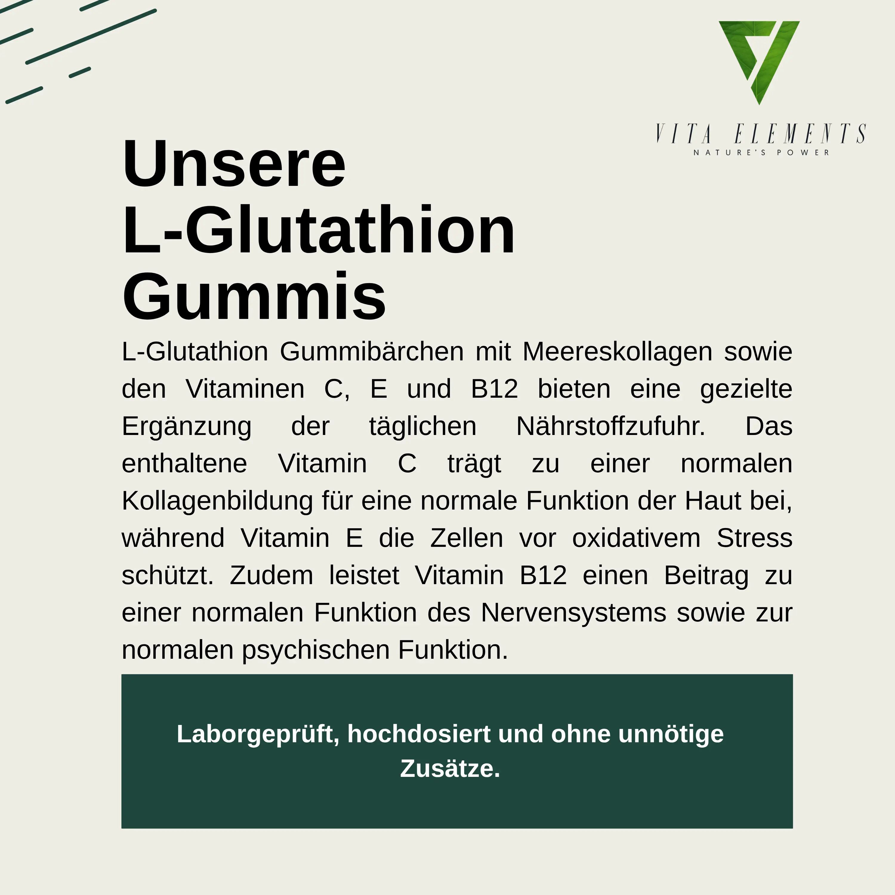 Vita Elements L-Glutathion Gummibärchen: Text über Inhaltsstoffe und Vorteile.
