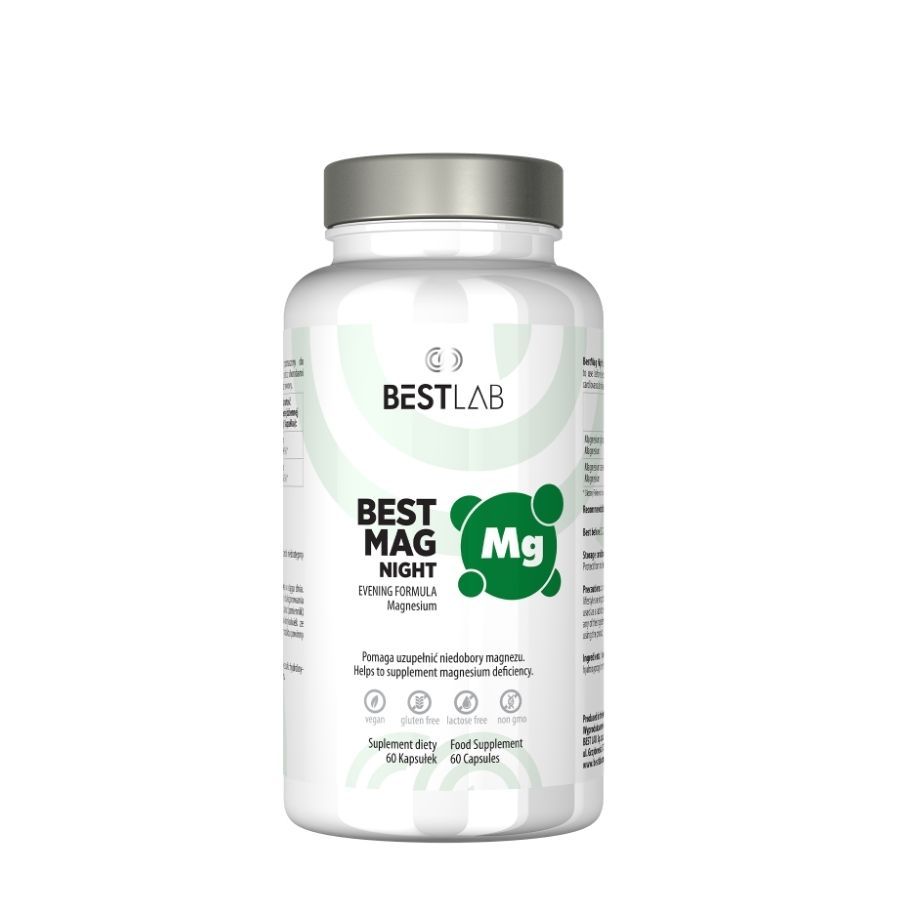 Eine Flasche Nahrungsergänzungsmittel. Aufschrift: BEST LAB BEST MAG NIGHT. Magnesium-Nahrungsergänzungsmittel.