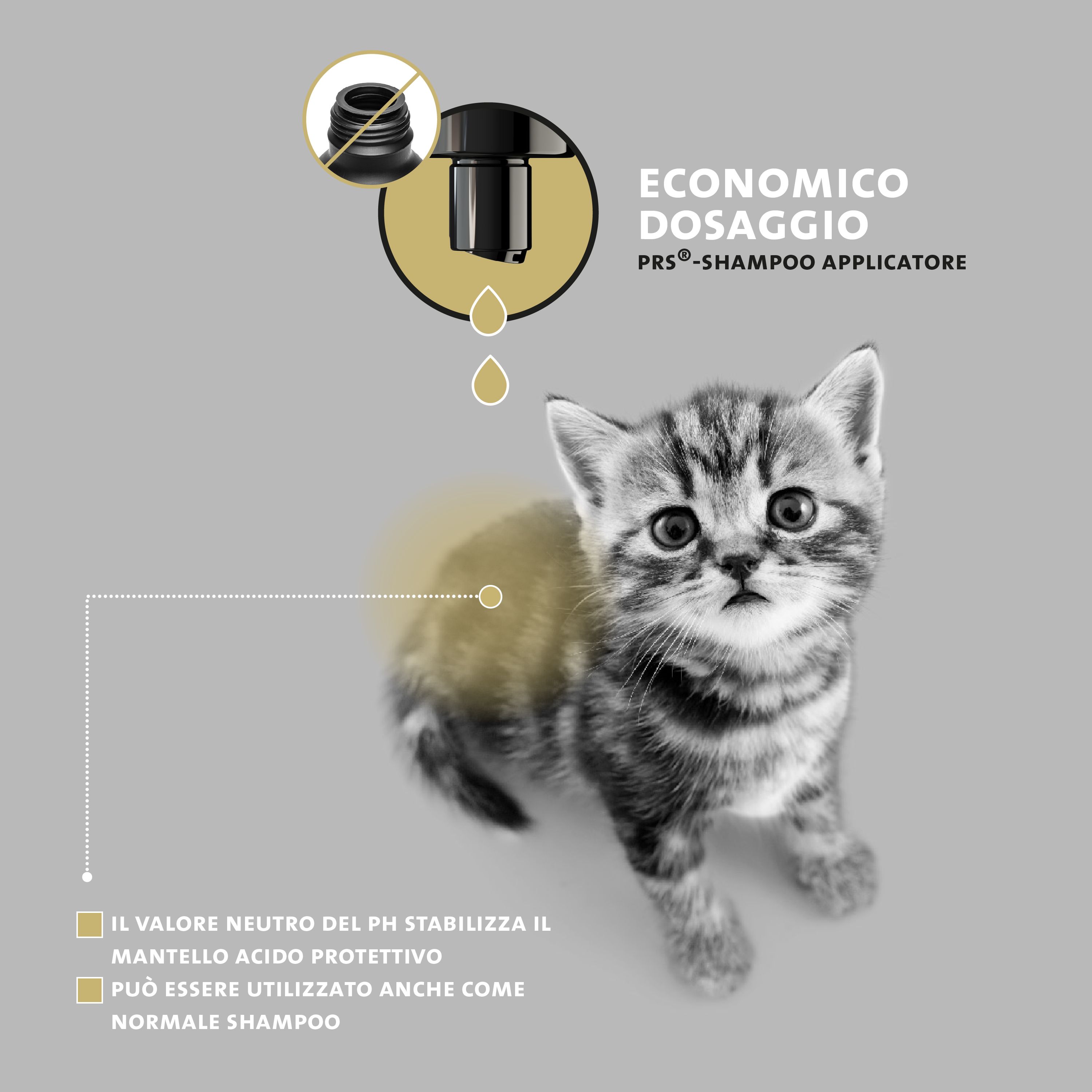 Kätzchen mit Shampoo-Applikator. Text: Wirtschaftliche Dosierung. pH-Wert stabilisiert den Säureschutzmantel.
