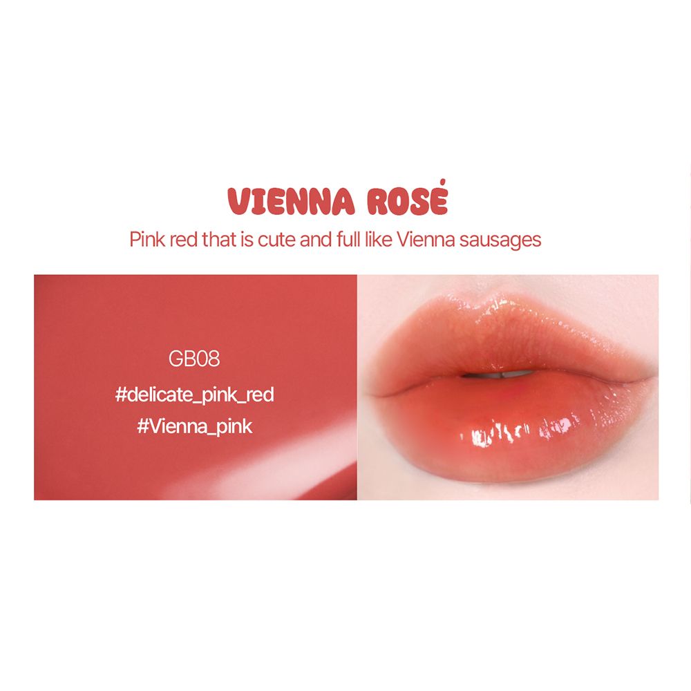 Text mit "VIENNA ROSE" und Beschreibung. Farbprobe und Lippenbild. Farbcode GB08.