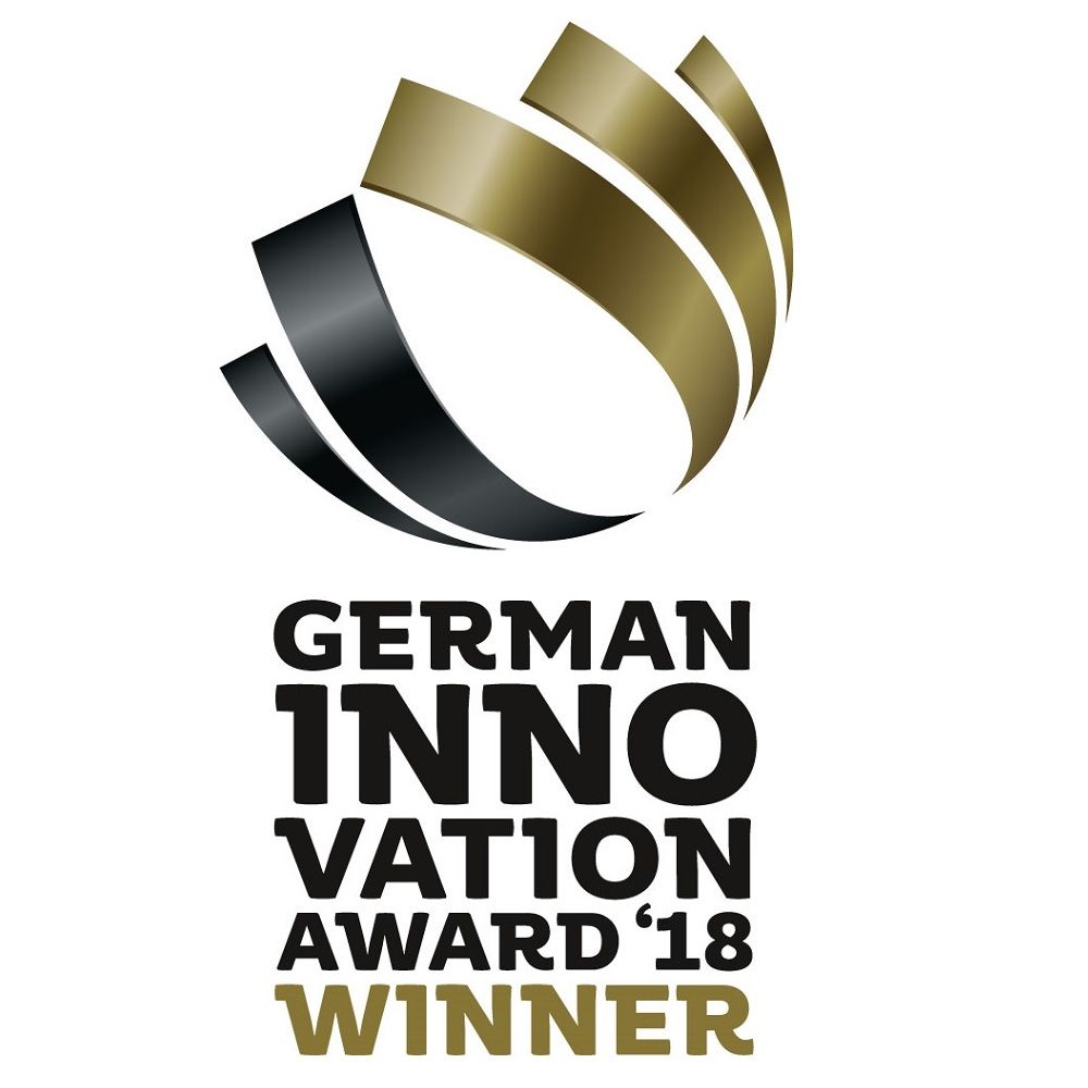 Logo des German Innovation Award '18. Goldene und schwarze Elemente. Text: 'Winner'.
