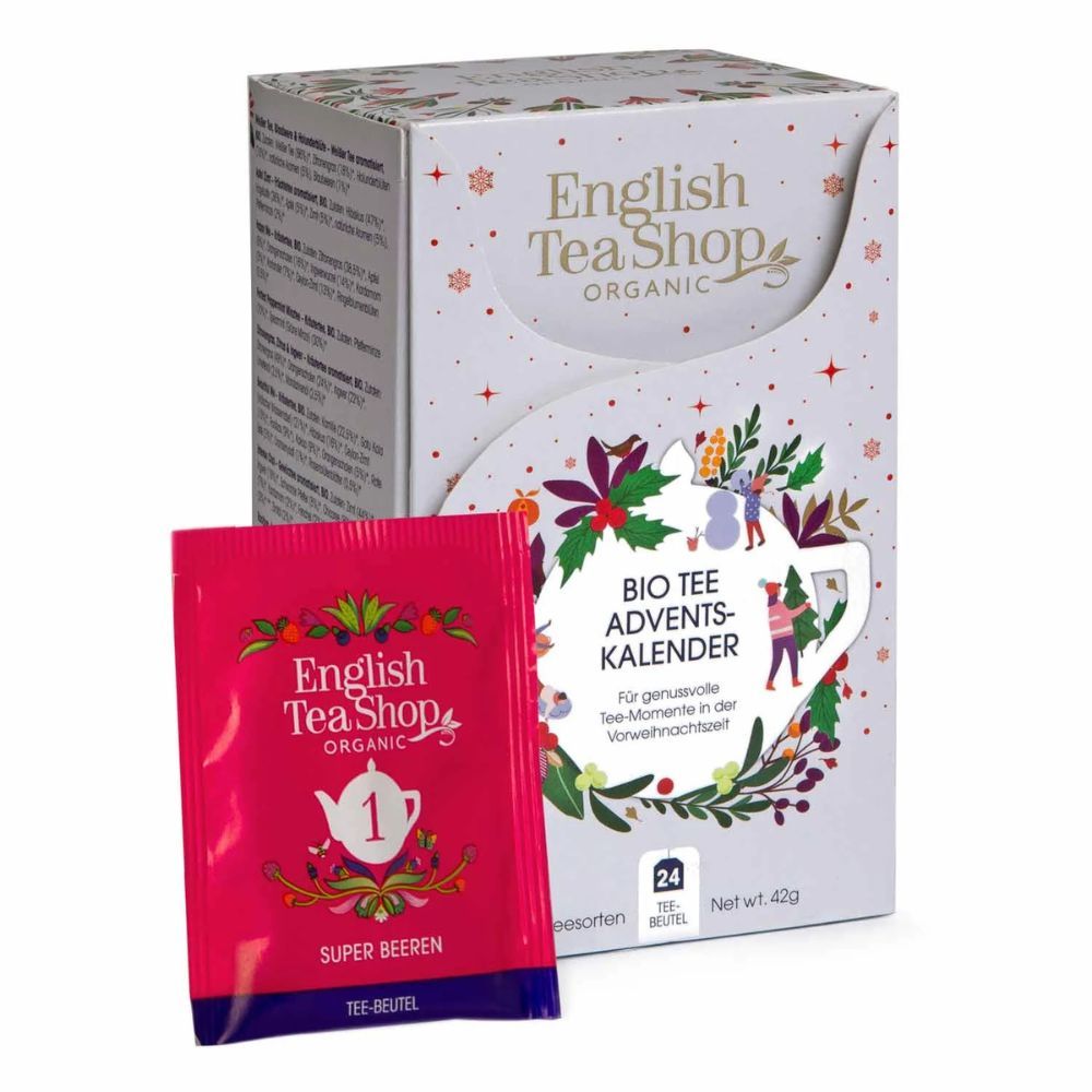 Weißer Adventskalender mit Teebeutel und Verpackung. Marke: English Tea Shop. 24 Teebeutel.