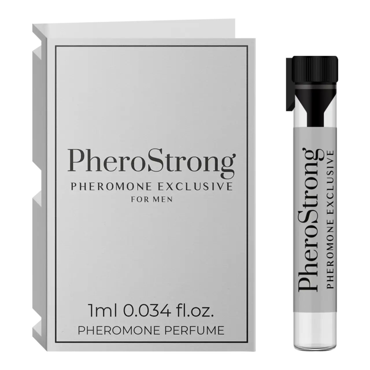 PheroStrong Pheromone Exclusive für Männer. Flakon und Verpackung. Schwarzer Deckel, transparente Flüssigkeit. 1ml.